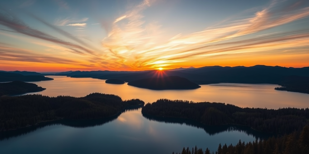 Generate a high-resolution image of a tranquil sunset over a mountain lake, captured with a DSLR camera at f/8 aperture, ISO 100, 1/250 sec shutter speed, in landscape orientation, using a wide-angle lens to enhance depth and detail.