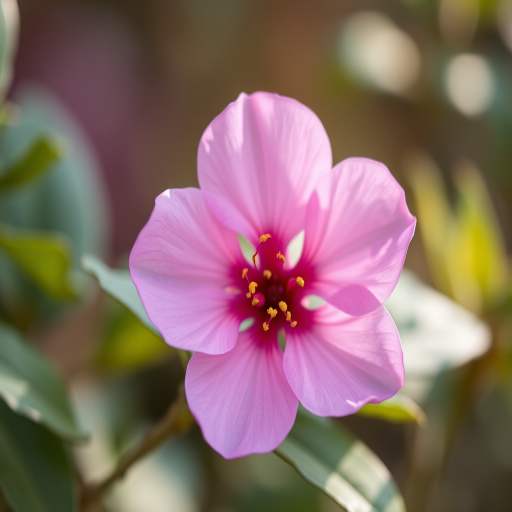 photograph of a pink flower with soft green leaves in the background, taken with a Canon EOS R5, 85mm lens, aperture f/1.8, shutter speed 1/500s, ISO 100, natural light, shallow depth of field, bokeh effect