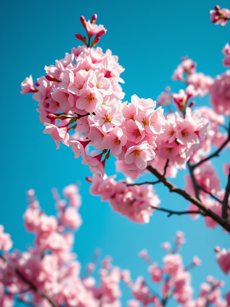 Regenerate a vibrant cherry blossom tree in full bloom against a clear blue sky, captured with a DSLR camera, using a wide-angle lens, f-stop 2.8 for a shallow depth of field, ISO 100 for clarity, and shot in natural light for enhanced color saturation.