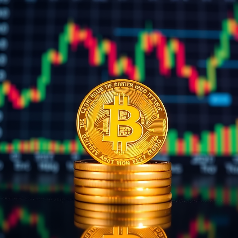Create a high-resolution image depicting a stack of shiny gold Bitcoin coins in front of a dynamic financial chart, using a Canon EOS R5 with a 50mm f/1.2 lens, aperture set to f/2.8, ISO 100, and a shutter speed of 1/125 sec, focusing on vibrant colors and sharp details with a bokeh effect.
