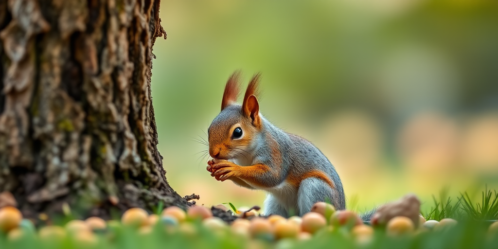 squirrel beside a tree eating seeds, captured with a DSLR camera, 50mm lens, f/2.8 aperture, 1/200s shutter speed, ISO 400, natural lighting, shallow depth of field, vibrant colors, focused on the squirrel