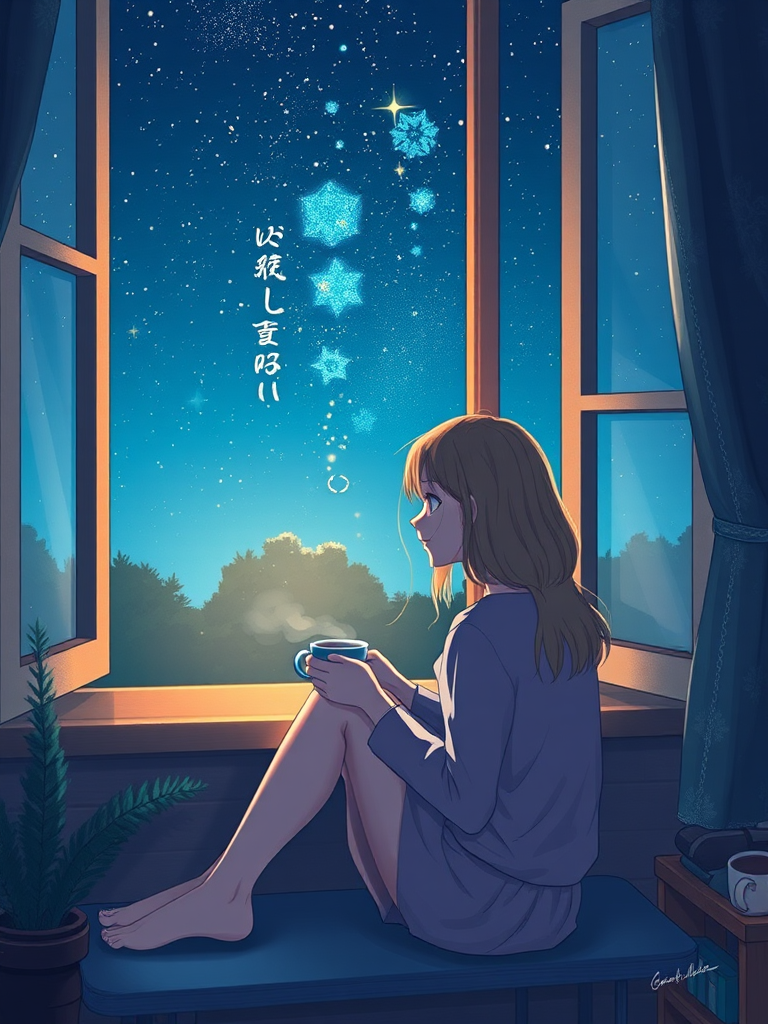 Illustrate a serene scene of a girl sitting by an open window at night, gazing at the stars, with a coffee cup in her hands, using a DSLR camera with a 50mm lens, f/1.8 aperture, ISO 800, in a low-light setting for enhanced detail and contrast, capturing a cozy and dreamy atmosphere.