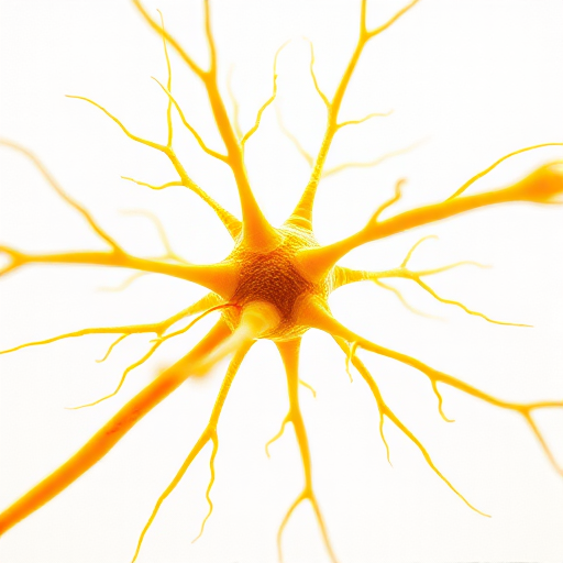 Create a high-resolution image of a neuron with a central cell body and branching axons in vibrant yellow and orange, using a macro lens, f/2.8 aperture, 1/250 second shutter speed, ISO 100, taken with a digital SLR camera with a clean white background to enhance clarity and contrast.