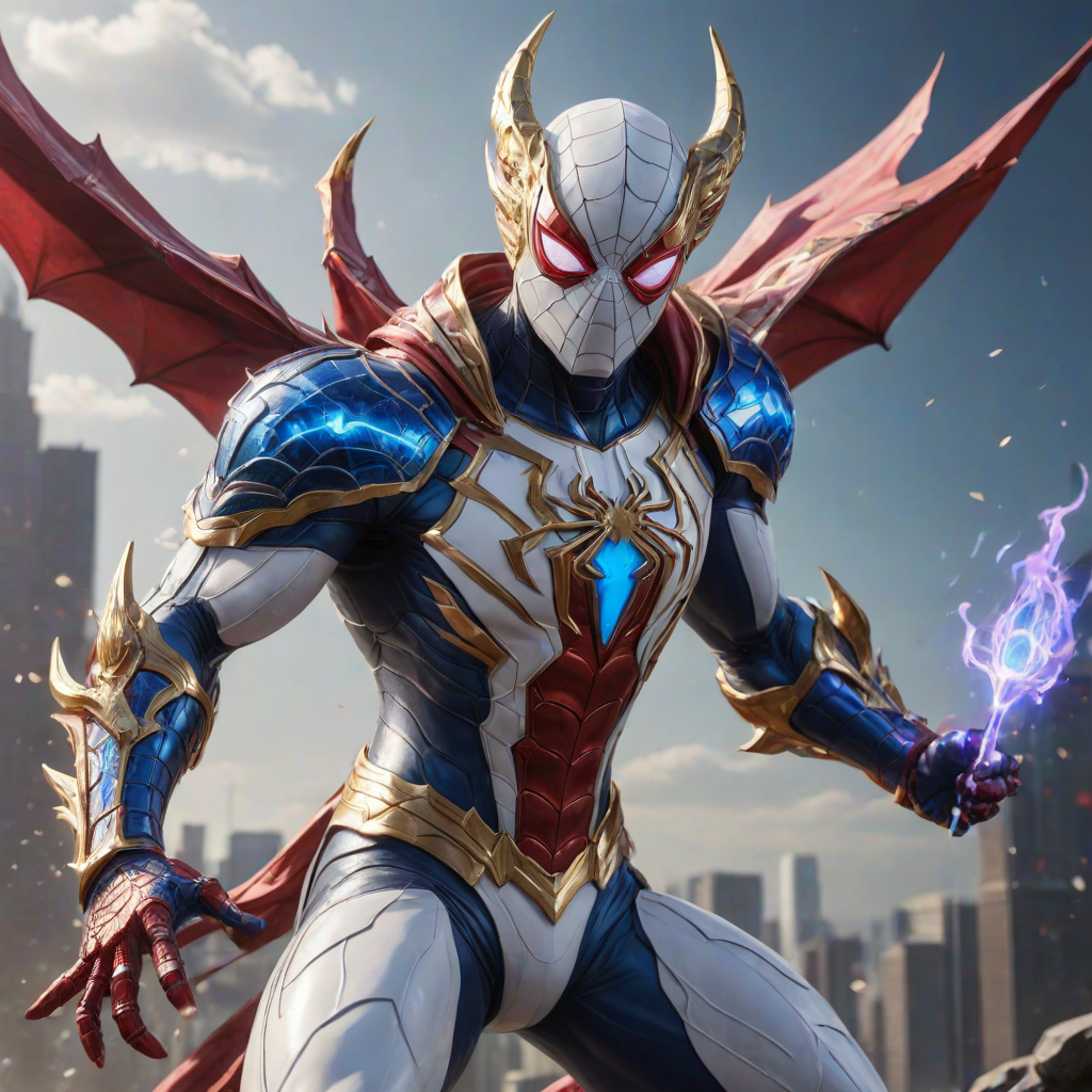 A high-budget, anime-style wallpaper featuring Spiderman in an epic White, blue red Kirin armor. Golden dragon gloves, the gloves is in the shape of dragon heads, Golden dragon head gloves, White glossy eyes, The armor is designed with metallic details that reflect light, showcasing intricate Kirin motifs. Spiderman's armor is a striking gradient of blue, red and white, with Colorful galaxy inner sections, making it look both powerful and sleek. The background is flat white, with Kirin-shaped blue-violet glowing rune relic to give the impression power, striking pose, the Kirin's armor is dominantly in white, with some details in blue and red, Cinematic anime action scene, cinematic action pose, medium shot action portrait, dramatic effect of shadow and light.