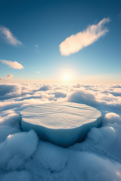 Create a high-resolution image of a circular ice platform surrounded by fluffy clouds and a bright blue sky at sunrise, captured with a DSLR camera at f/8 aperture, ISO 100, 24mm focal length, and shot from a low angle for an immersive perspective.