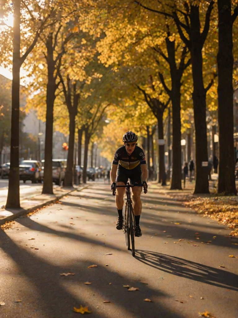 Blurry action shot of a cyclist racing down a tree-lined street at dusk, soft golden light from the setting sun casting long shadows, with autumn leaves swirling in the breeze and distant pedestrians barely visible on the sidewalk.