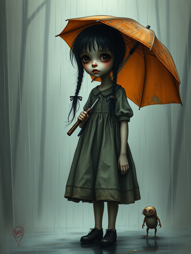 An eerie, weird little girl with dark hair in thin pigtails, wearing a smock dress, standing in the rain, holding a dirty orange umbrella, a small, odd creature beside her. In a surreal style inspired by Nicoletta Ceccoli and Brian Froud. Dark fantasy themes
