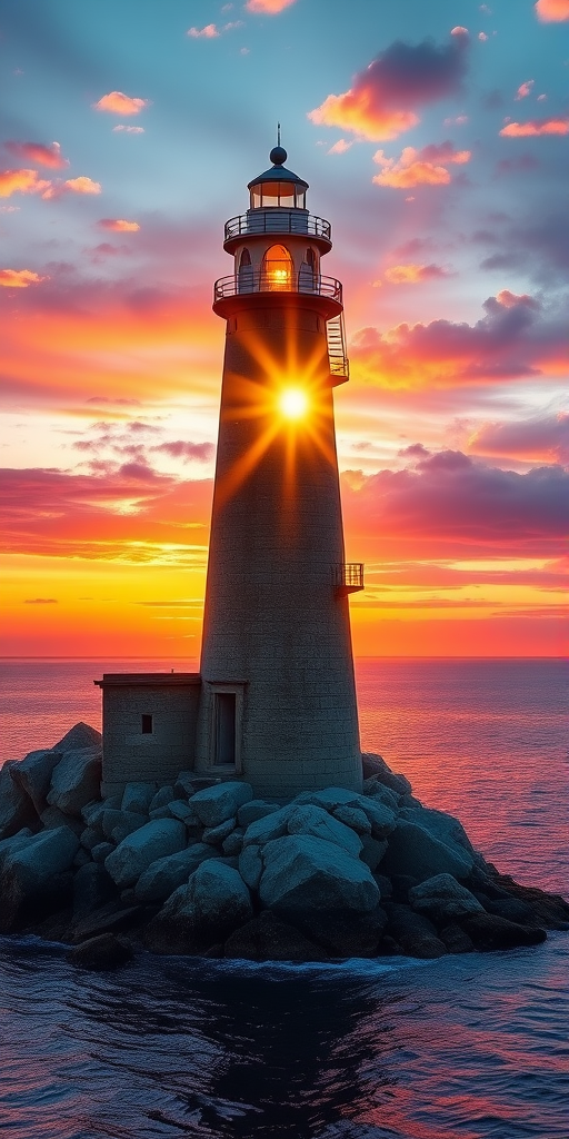 Generate an image of a tall lighthouse perched on a rocky outcrop surrounded by calm ocean waters during a breathtaking sunset. The lighthouse stands sturdy and weathered, its stone surface illuminated by the warm golden light of the setting sun. The sun's rays pass directly through the glass lantern room at the top of the lighthouse, casting a brilliant light across the scene. The sky is painted with vibrant shades of orange, pink, and purple, reflecting off the tranquil sea. The surrounding water shimmers with the same warm hues, creating a serene and majestic atmosphere.