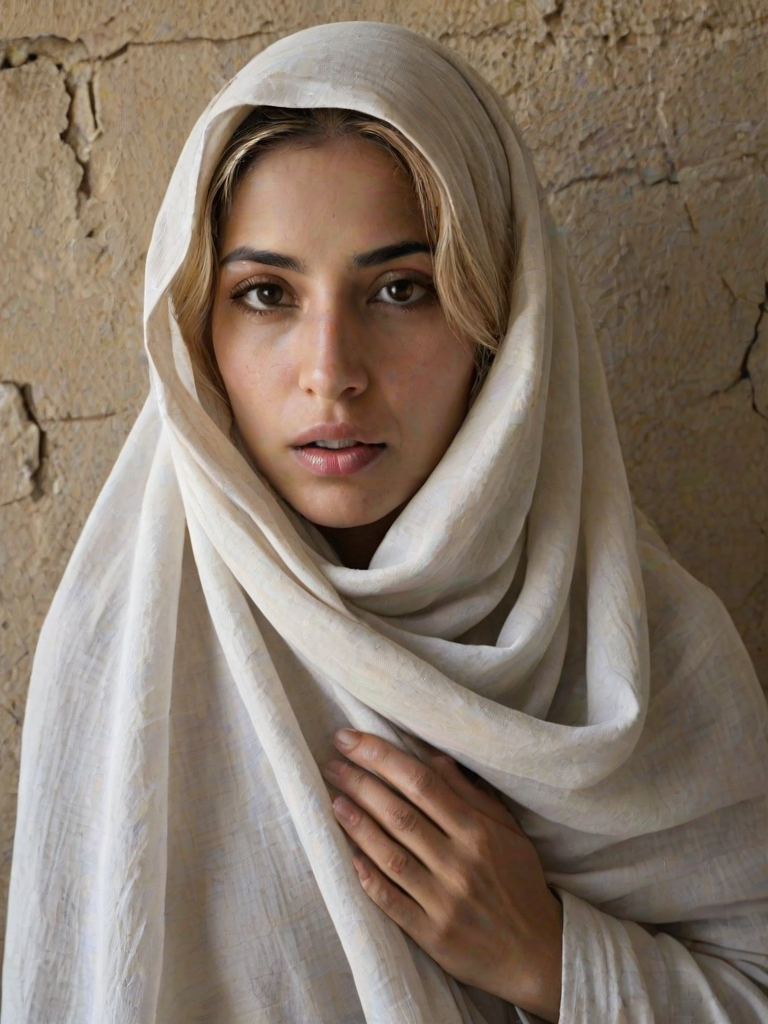 Create a close-up photographic image of a Arab woman with light skin tones shown against an old, worn wall. Their head is wrapped in a white cloth covering (i.e.... parts of the head except the nose and mouth, which are open as if they are screaming...), with a slight texture and visible folds in the fabric. Thin strands of blonde hair escape from the wrapping above, falling lightly at the top and sides. Their hands hold the fabric as if they are tugging nervously. The lighting is dramatic and even, casting strong shadows. The image has a minimalist and surreal style with an emphasis on simplicity with soft color tones. The composition is centered.