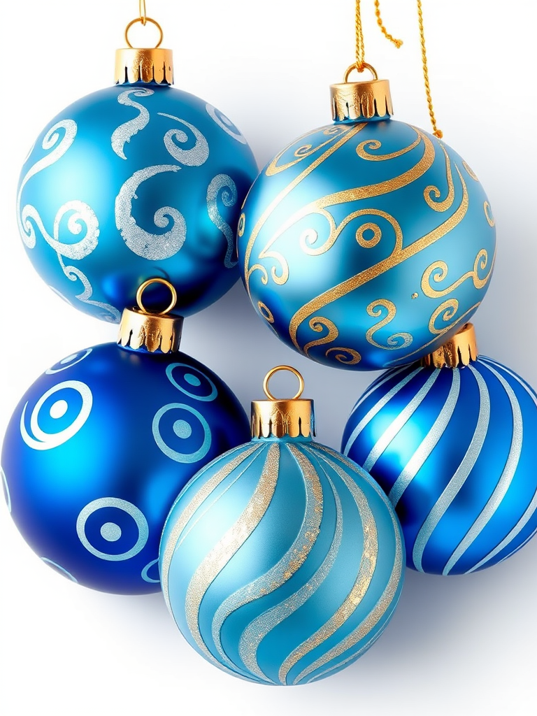 Create a high-resolution illustration of four blue Christmas ornaments with varied designs including swirls and stripes, shot with a Canon EOS 5D Mark IV, 50mm lens, ISO 100, aperture f/8, and natural daylight to enhance color saturation and detail.
