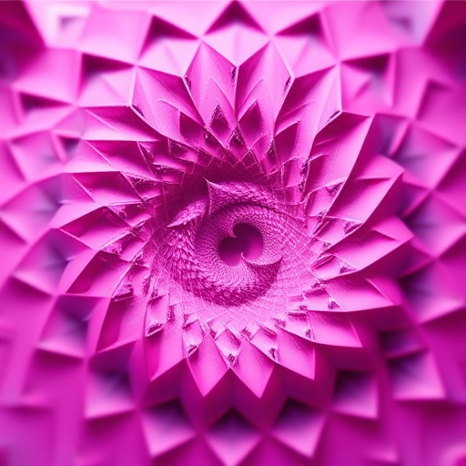 High-resolution fractal design with intricate spiral patterns and triangular shapes, vibrant pink and purple color palette, depth of field focus, 4K resolution, wide-angle lens, DSLR camera, ISO 100, aperture f/8, shutter speed 1/125s.