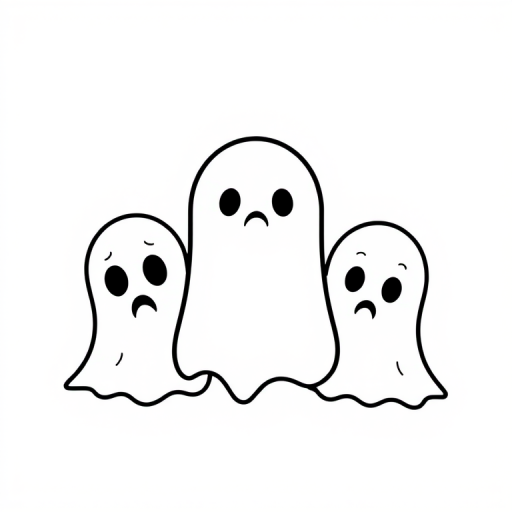 Three cute cartoon ghosts with different expressions one looks surprised one looks sad and one looks curious in a simple black outline style on a white background