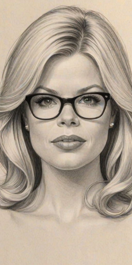 Appealing Megan Hilty, pencil sketch, portrait of Sublime woman 1965s in glasses, hair style beatnik, outline, clear lines, fine lines, 8k