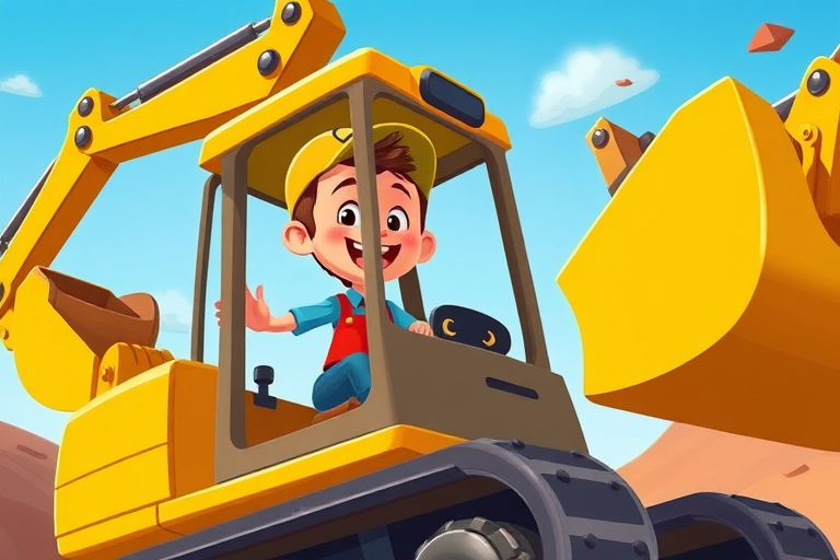 create a vibrant and colorful cartoon-style illustration of a happy cartoon character operating a yellow excavator with a cute cartoon bear in the scoop, use a Canon EOS R5 camera with a 24-70mm lens at f/4, ISO 100, 1/200s, shot from a low angle to emphasize the excavator's size and the character's joyful expression