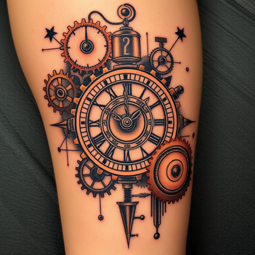 Steampunk tattoo titled "Clockwork Reverie" incorporating vintage mechanical elements gears and Victorian-inspired motifs with a mix of copper and brass tones
