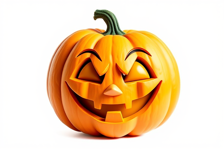 A vibrant cartoon-style smiling pumpkin with exaggerated facial features, set against a bright white background, captured with a DSLR camera at f/4.0 aperture, ISO 100, 50mm lens, in natural light, emphasizing sharp details and vivid colors.
