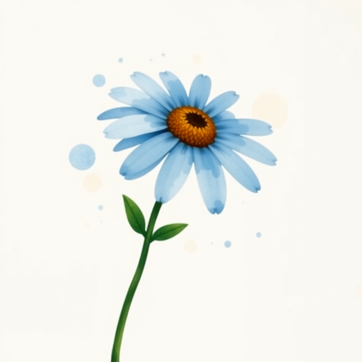 A single blue daisy flower in a loose, whimsical watercolor style. The petals are unevenly spread, with soft blue and brown tones. The stem is thin and slightly curved, with two green leaves, while watercolor splatters create an organic, artistic effect around the flower. The background is light beige with natural watercolor textures and splashes.