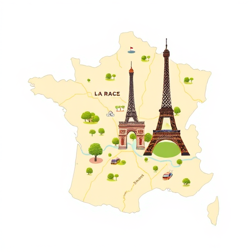Generate a high-resolution vector illustration of the map of France with the Eiffel Tower and Arc de Triomphe, using a clean white background, overhead view, flat design style, shot with a digital camera at 50mm, f/8 aperture, ISO 100, with enhanced colors and sharp details.