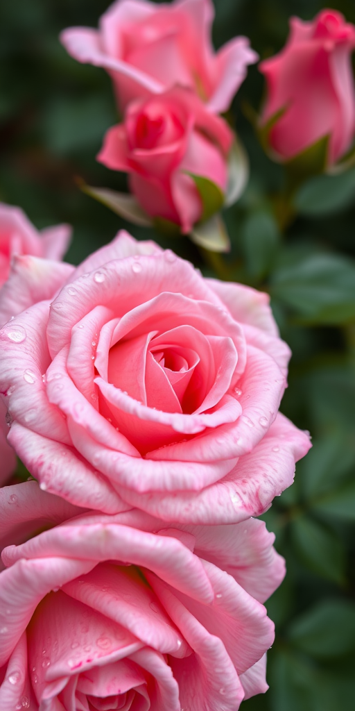 capture a close-up of pink roses with raindrops on petals, natural lighting, f/2.8 aperture, ISO 100, 1/200s shutter speed, macro lens, DSLR camera, focus on flower detail
