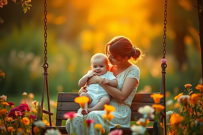 A serene scene of a mother holding her baby while sitting on a swing surrounded by flowers, soft golden light illuminating the background, captured with a Canon EOS R5 at f/1.8, 50mm lens, ISO 100, soft-focus artistic style.
