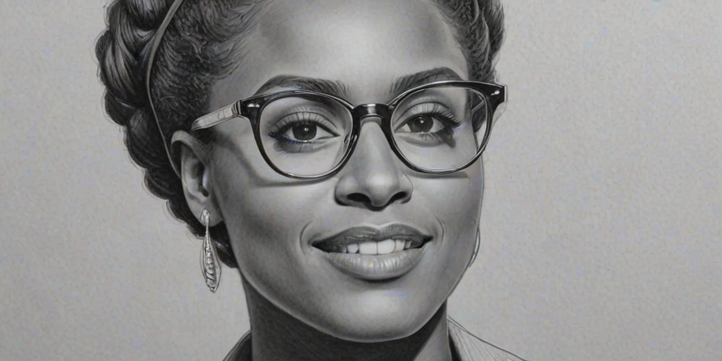 Delightful Issa Rae, pencil sketch, portrait of Graceful woman 1939s in glasses, hair style beatnik, outline, clear lines, fine lines, 8k