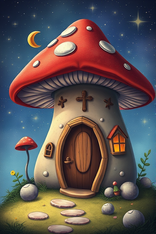 create illustration of a mushroom house with a door and a window, a storybook , fantasy art, mushroom house, bg starry sky, sparkles