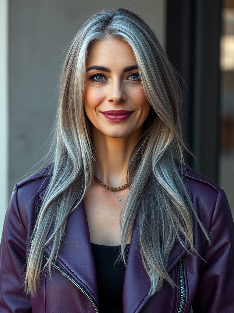 Create a hyper-realistic portrait of a female model with long gray hair and a purple leather jacket, standing confidently with a slight smile, shot in high resolution with a Canon EOS R5, 85mm f/1.2 lens, aperture set to f/2.8, at a 45-degree angle, using natural light with soft shadows for enhanced texture and depth.
