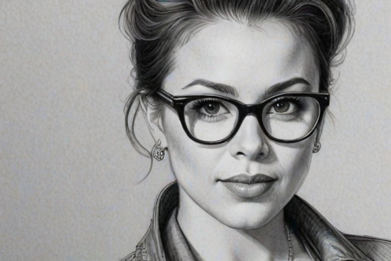 Fascinating Alyssa Milano, pencil sketch, portrait of Attractive woman 1954s in glasses, hair style beatnik, outline, clear lines, fine lines, 8k