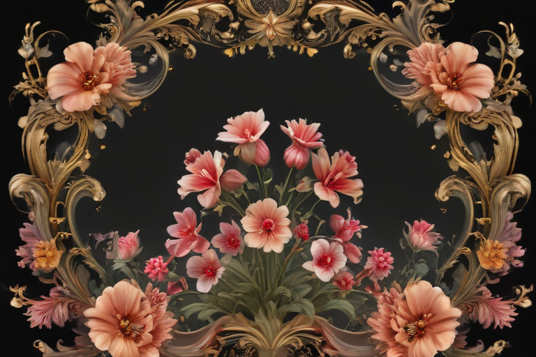 Elegant Floral Arrangement Surrounded by Ornate Golden Baroque Frame Design