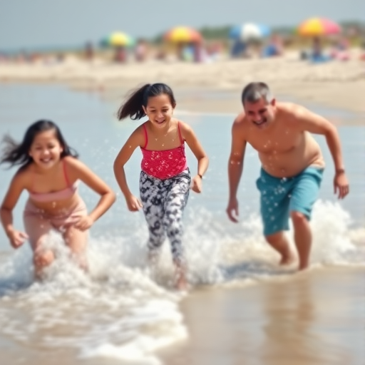 Blurry action shot of a family enjoying a day at the beach, splashing in the surf, with colorful beach umbrellas dotting the sandy shoreline and laughter filling the air.