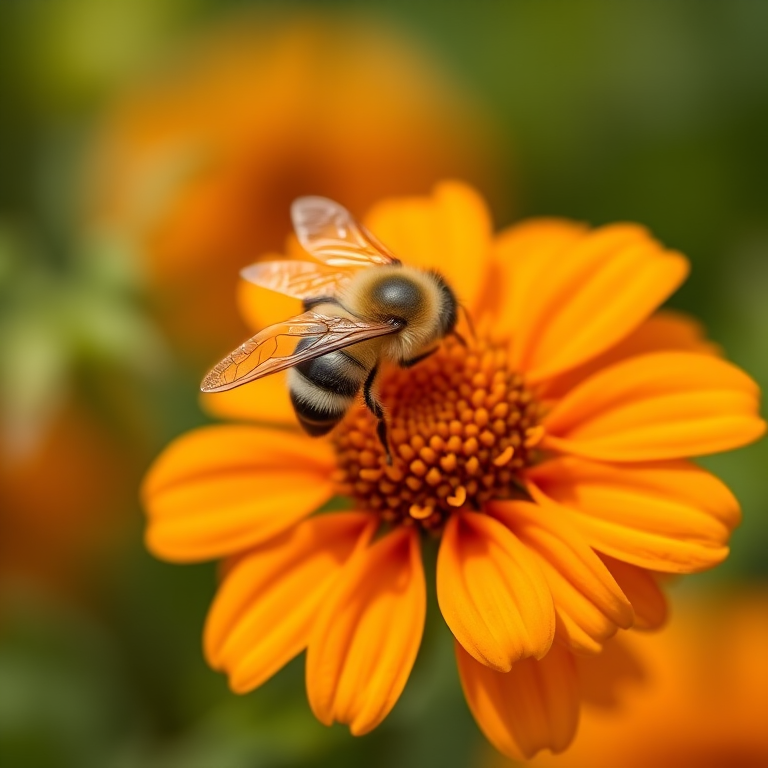 macro photograph of a honeybee on a vibrant orange marigold flower with a blurred green background, f/2.8 aperture, 1/200s shutter speed, ISO 100, shot with a DSLR camera, using a 100mm macro lens, natural lighting