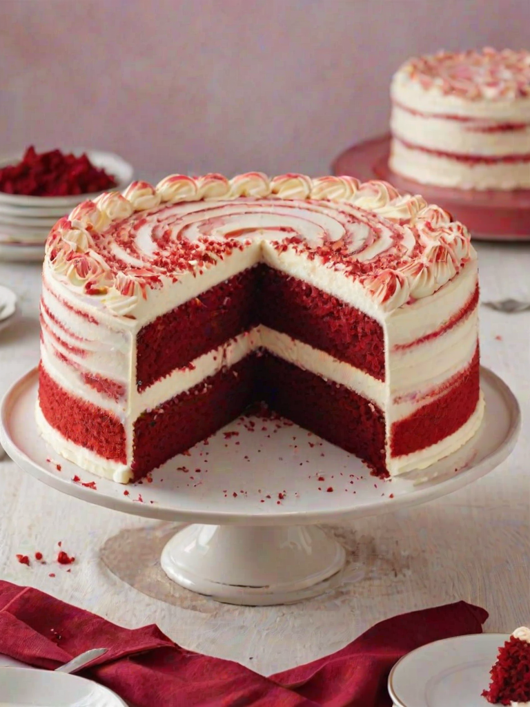 Create an image of a red velvet cake with a slice cut out, showcasing its layers. The cake should be frosted with cream cheese icing and decorated with swirls of frosting on top. The background should be a soft pastel color to enhance the cake's vivid red.