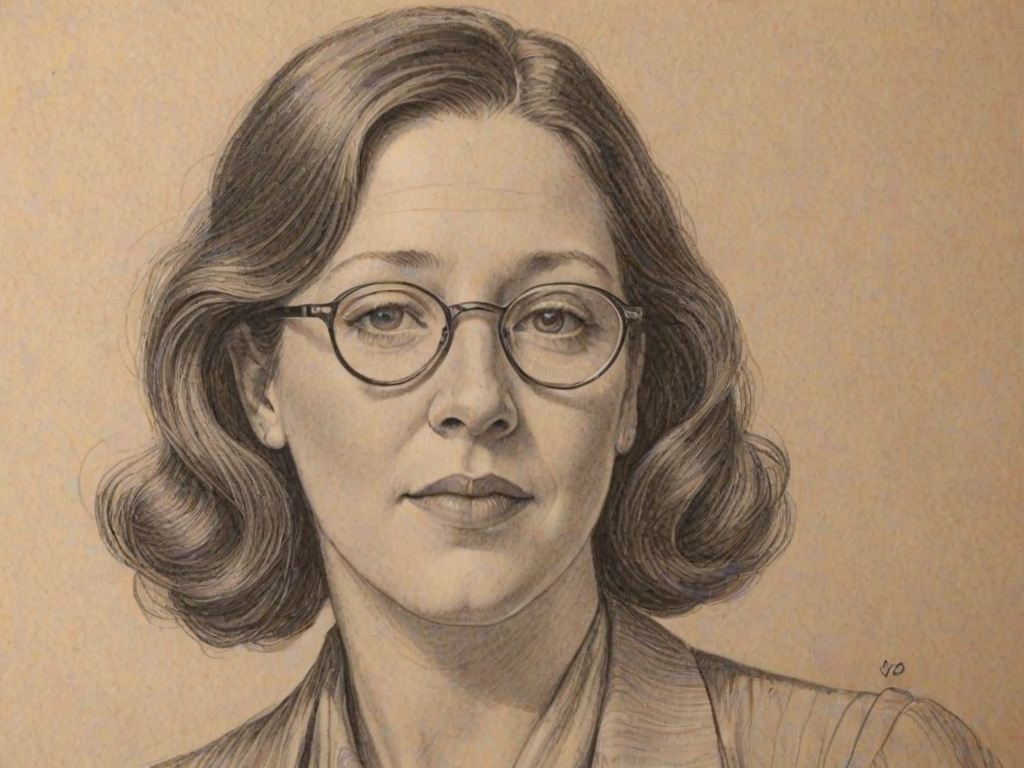 Resplendent Ann Dowd, pencil sketch, portrait of Gorgeous woman 1930s in glasses, hair style beatnik, outline, clear lines, fine lines, 8k