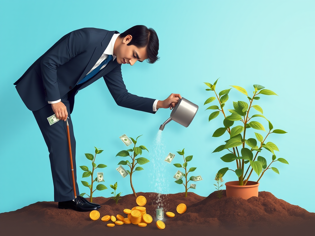 Create an illustration of a businessman in a suit watering a money tree, surrounded by plants with cash and coins, set against a soft blue background, using a Canon EOS R5, 50mm lens, f/1.8 aperture, 1/200s shutter speed, in a flat lay perspective with vibrant colors and smooth gradients for enhanced visual appeal.