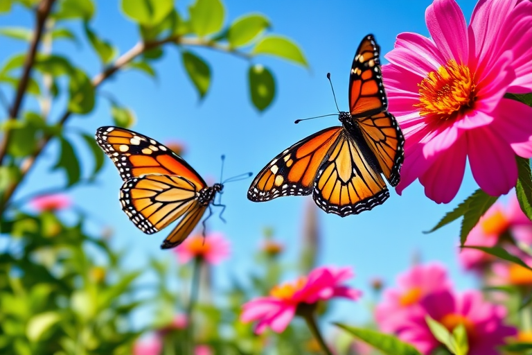Generate an image of two monarch butterflies resting on a vibrant pink flower in a sunny garden setting, with clear blue skies in the background and lush green foliage surrounding the scene.