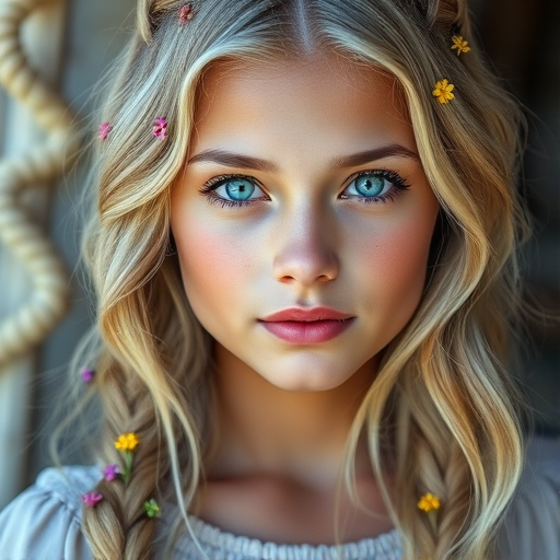Create an image of a young Quechua woman with long, wavy blonde hair, adorned with small, colorful flowers woven into her braids and loose strands. Her complexion is fair, with soft, glowing skin, and she has light blue eyes that gaze softly at the viewer. She wears a light, flowing dress with a gentle, ethereal quality, complementing her delicate and serene appearance. The background is slightly blurred, drawing focus to her tranquil expression and the intricate details of the flowers in her hair. The overall mood of the image is one of natural beauty and grace, evoking a sense of peacefulness and connection with nature.