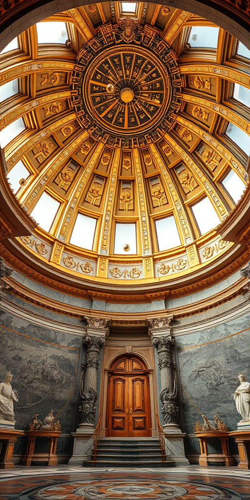 Regenerate an opulent indoor scene of a golden ornate observatory dome, delicate marble sculptures, and floating celestial orbs, capturing intricate details; camera settings: f/2.8, ISO 100, 1/60s; camera view: wide-angle, focal length 24mm; camera style: high dynamic range photography; camera type: full-frame DSLR.