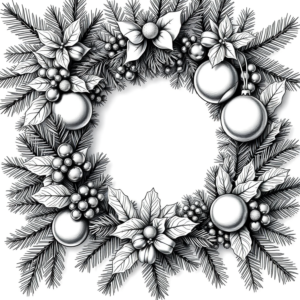 Create a detailed black and white illustration of a festive wreath featuring pine branches, holly leaves, and decorative ornaments, captured with a DSLR camera at f/2.8, ISO 100, 50mm lens, natural light, top-down view to enhance texture and depth.