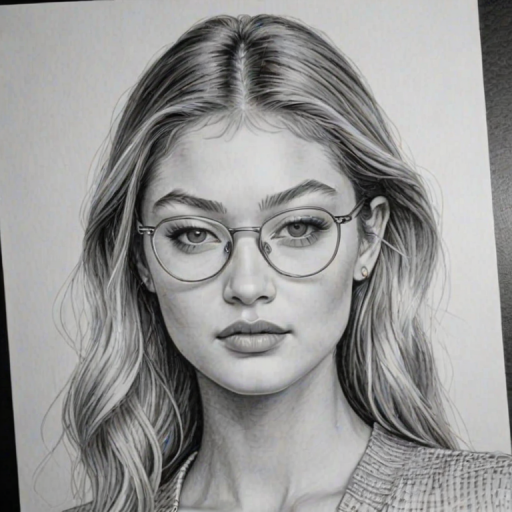 Charming Gigi Hadid, pencil sketch, portrait of Captivating woman 1977s in glasses, hair style beatnik, outline, clear lines, fine lines, 8k