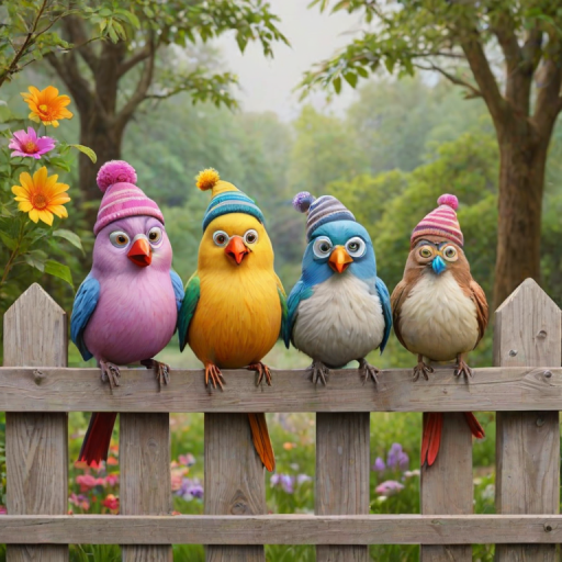 create a scene of 4 quirky  whimsical colourful comical birds each with a funny expression. they are sat on a wooden fence with colourful flowers. they are all different sizes. each one is a different colour  one is wearing a woolly hat. Each one has a different quirky google expression and there is a muted background of trees watercolour paintierly style high definition 8k resolution 3D paper mache