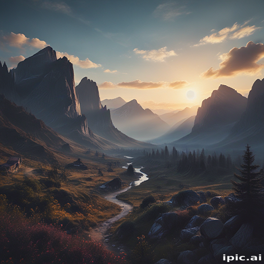 Serene Mountain Landscape at Sunset with Flowing River and Lush Valleys