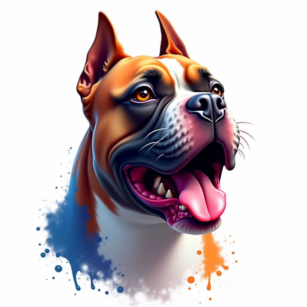 Create a hyper-detailed splash art of an American Bully dog's head on a clean white background. The design should include vibrant color splashes and drips in complementary colors, focusing on the tongue and eyes, expressive features and intricate contours. The dog's expression should be intense, almost roaring, and the overall composition should be different positions, feel fantastic and dynamic, as if a part of a digital fantasy artwork would be rendered in an 8k resolution, inspired by a mix of oil painting techniques and a stylized, epic Instagram aesthetic.