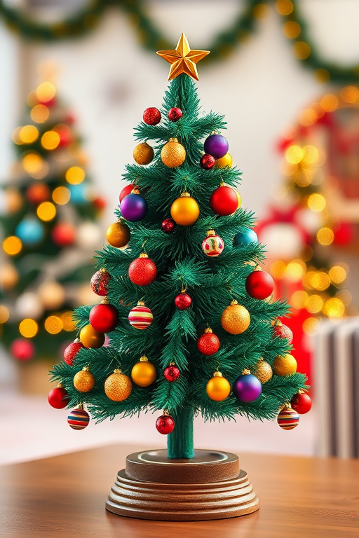 Regenerate a colorful, cartoon-style Christmas tree with vibrant ornaments, a star on top, placed in a wooden base, captured with a Canon EOS R5 at f/2.8, shutter speed 1/250s, ISO 100, in a frontal view with a bright, cheerful background.