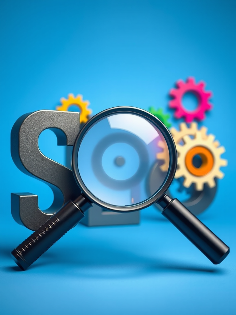 Create an image of the letters SEO in a modern font, with a large magnifying glass focusing on the O, incorporate colorful gears in the background, use a gradient blue backdrop for depth, capture with a DSLR camera at f/4, 1/125s, ISO 100, shoot from a 45-degree angle with soft focus and high dynamic range.