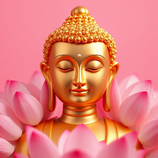 Create a serene portrait of a golden Buddha surrounded by pink lotus flowers with a soft pink background, use a DSLR camera, aperture f/2.8, ISO 100, 50mm lens, with a shallow depth of field for enhanced clarity and detail.