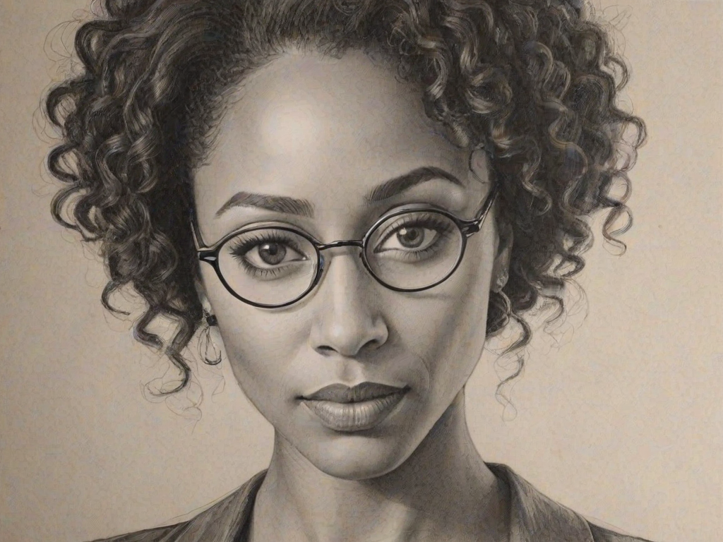 Splendid Simone Missick, pencil sketch, portrait of Attractive woman 1928s in glasses, hair style beatnik, outline, clear lines, fine lines, 8k