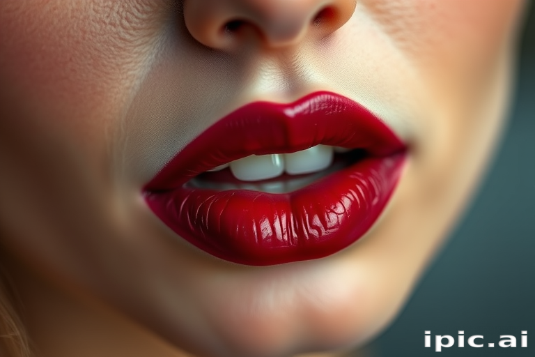 Luscious berry-stained lips with a just-bitten effect, creating a soft and romantic look, photographed in dreamy, diffused lighting for a ethereal atmosphere