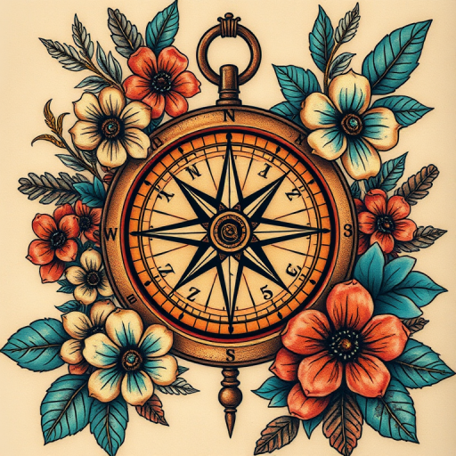 Realistic neo-traditional tattoo portraying a vintage compass surrounded by lush botanical elements, rich earth tones with pops of turquoise, weathered antique look with subtle gradients