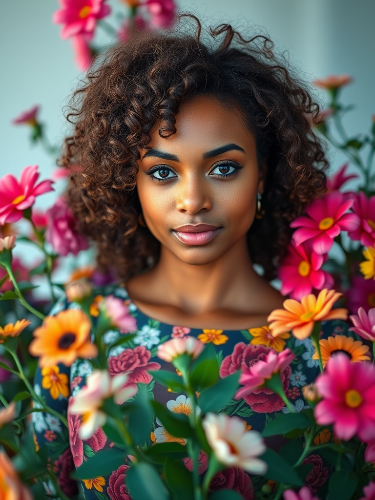 portrait of a woman with curly hair wearing a colorful floral dress surrounded by vibrant flowers, soft diffused lighting, f/1.8 aperture, 50mm lens, shot from eye level with a shallow depth of field, DSLR camera, high resolution.