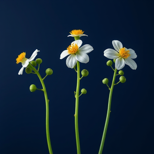 Create a vibrant illustration of three green flower stems with white flowers and yellow centers against a deep navy blue background, using a Canon EOS 5D Mark IV, 50mm lens, f/2.8 aperture, ISO 100, and a soft focus style to enhance image quality.